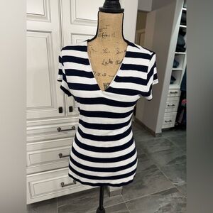 Navy Blue and White Striped V-Neck Top, INC brand, Size L